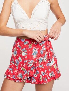 Free People Floral Tie-Waist Ruffle Wrap Boho Shorts Skort-Red Women's Size 6